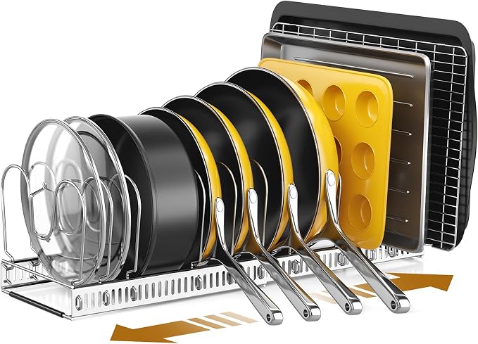 Pots and Pans Organizer under Cabinet, 11.8-22.8" 12 Dividers Silver | Extends 11.8-22.8", Holds pot lids, pans, cookware and bakeware, Adjustable dividers, for under cabinet or countertop