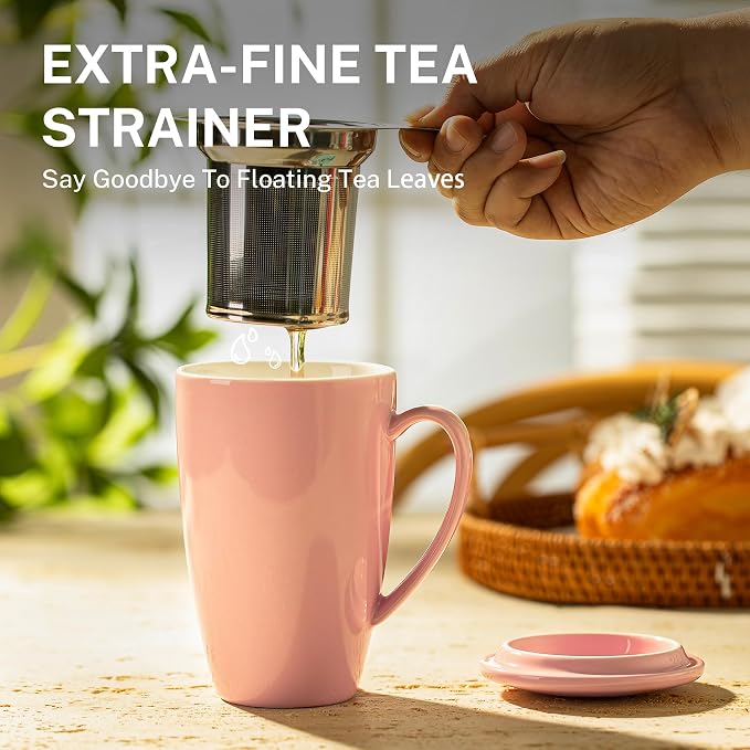 Sweese 15 OZ Porcelain Tea Mug with Infuser and Lid, Loose Leaf Tea Cup, Gifts for Tea Lover, Pink