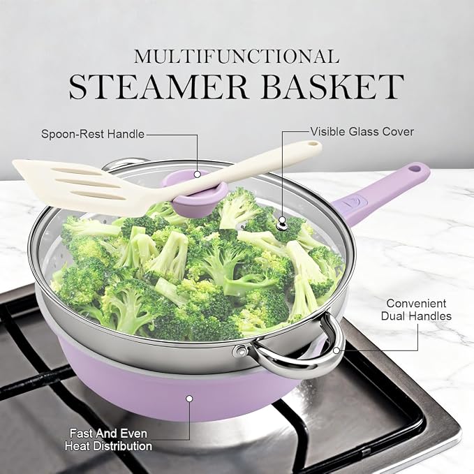 AIKENBBKK 12 Inch Nonstick Deep Frying Pan with Steamer, Ceramic Skillet with Lid, Steamer Pan for Cooking, 5 QT Non Stick Saute Pan with Detachable Handle, PTFE & PFAS-Free, Purple