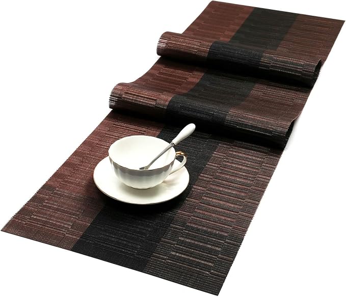 SHACOS Woven Vinyl Table Runners PVC Table Runners 12 x 90 inch Long Wipeable Bamboo Weave Runner for Tables Indoor Outdoor, Ombre Coffee Black