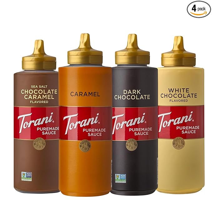 Torani Puremade Dessert & Drink Sauce Variety Pack, Chocolate Caramel, Dark Chocolate, White Chocolate & Caramel, 16.5 fl oz (Set of 4)
