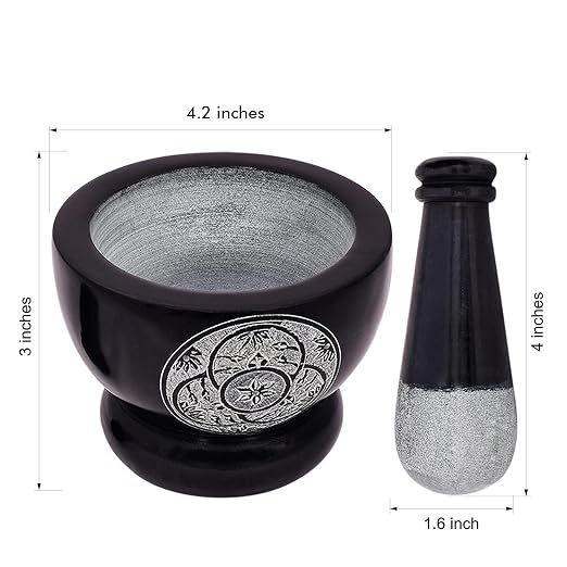 Mortar and Pestle, Made of Heavy Duty Polished Hard Stone, Natural Stone Grinder for Spices, Pastes, Herbs, Seasoning etc. (Black with Engraving)