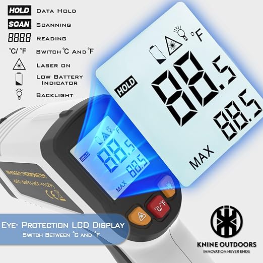 KNINE OUTDOORS Infrared Thermometer Gun, -58℉ to 1112℉ | Temp Gun, Laser Temperature Gun, for Cooking, Oven, BBQ, Griddle, Meat, HVAC Engine, Distance to Spot Ratio 12:1, White