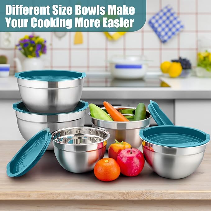P&P CHEF Metal Mixing Bowls with Lids Set, Airtight Lids & Blue | 5 PCS Stainless Steel Mixing Nesting Bowls for Kitchen Prepping, Storing, Healthy & Easy Clean, Size 4.6, 3, 1.5, 1, 0.7 QT