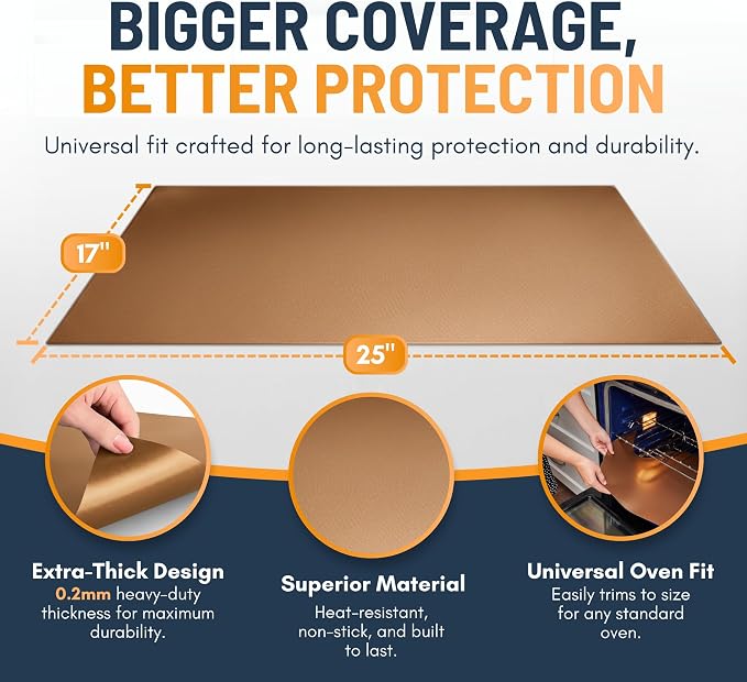 Oven Liners for Bottom of Oven - 4 Pack Large Heavy Duty Mats, 17”x25” Non-Stick Reusable Liner for Electric, Gas, Toasters, Grills - BPA & PFOA Free Kitchen Accessory to Keep It Clean (Copper)