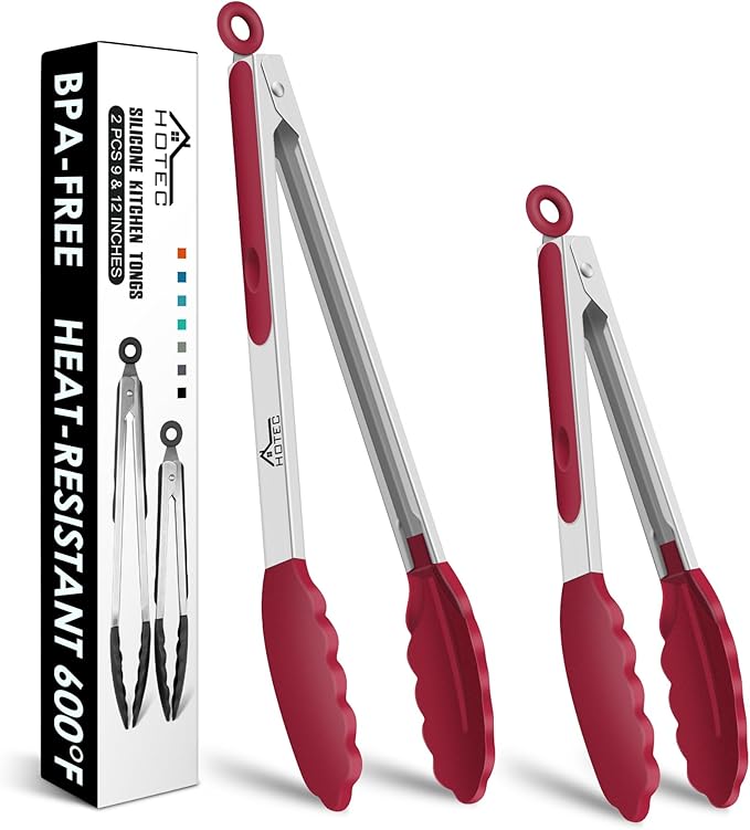 HOTEC Premium Stainless Steel Locking Kitchen Tongs with Silicon Tips, Set of 2-9" and 12"(Red)