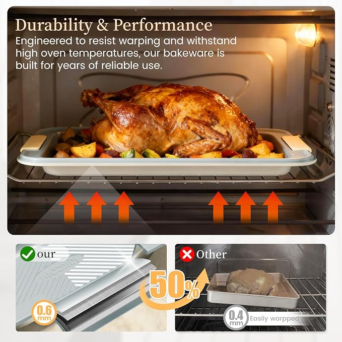 Kikcoin 25-Piece Nonstick Baking Pans Set with Large Turkey Roasting Pan, Stackable Bakeware Set, 450°F Oven Safe Baking Sheet Set with Silicone Handles, Carbon Steel Cookie Sheets for Baking, Cream