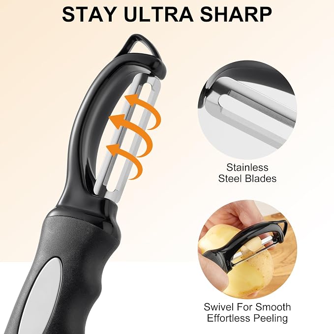 Premium Swivel Vegetable Peeler, Soft Grip Handle and Ultra Sharp Stainless Steel Blades - Perfect Kitchen Peeler For Veggie, Fruit, Potato, Carrot, Apple - Black - Set of 2
