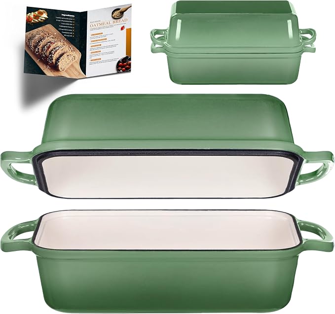 11x5 Inch Cast Iron Bread Pan with Lid, Sourdough Bread Baking | Large Loaf Pans for Baking Bread, Even Heat Distribution Dutch Oven Loaf Pan for Homemade Bread, Meatloaf (5.8Qt, Pistachio)