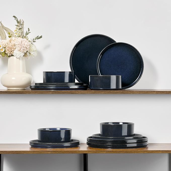 E-far 12-Piece Plates and Bowls Sets, Stoneware Dinnerware Dishes Sets for 4, Kitchen Modern Dining Dishware, Chip & Scratch Resistant, Microwave & Dishwasher Safe, Midnight Blue