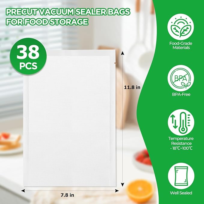 Vacuum Sealer Bags 38 PCS, 7.8" x 11.8" BPA Free Commercial Grade | Textured Vacuum Sealing Bags, Heavy Duty for Food Storage Meal Prep or Sous Vide Cooking