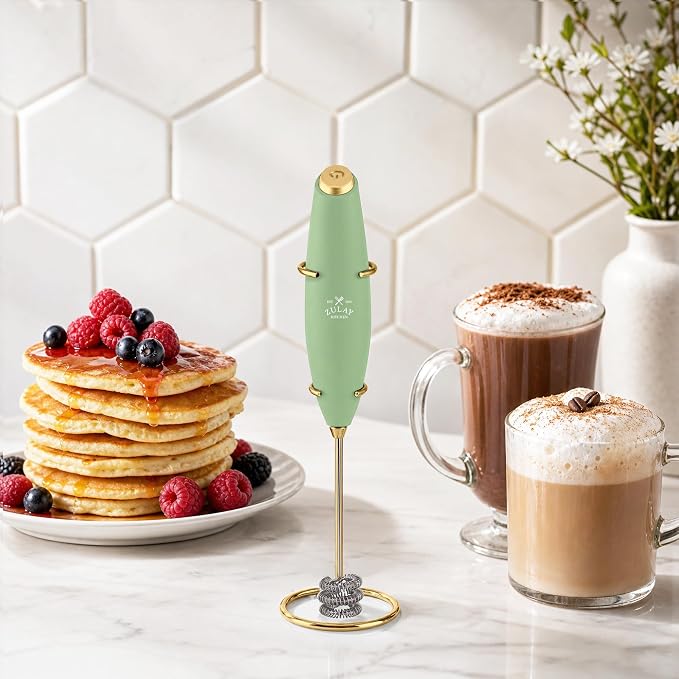 Zulay Kitchen Powerful Milk Frother Wand With Duracell Batteries - Ultra Fast Handheld Drink Mixer - Electric Whisk Foam Maker for Coffee, Lattes, Cappuccino & Matcha - Triple Whisk - Olive Gold
