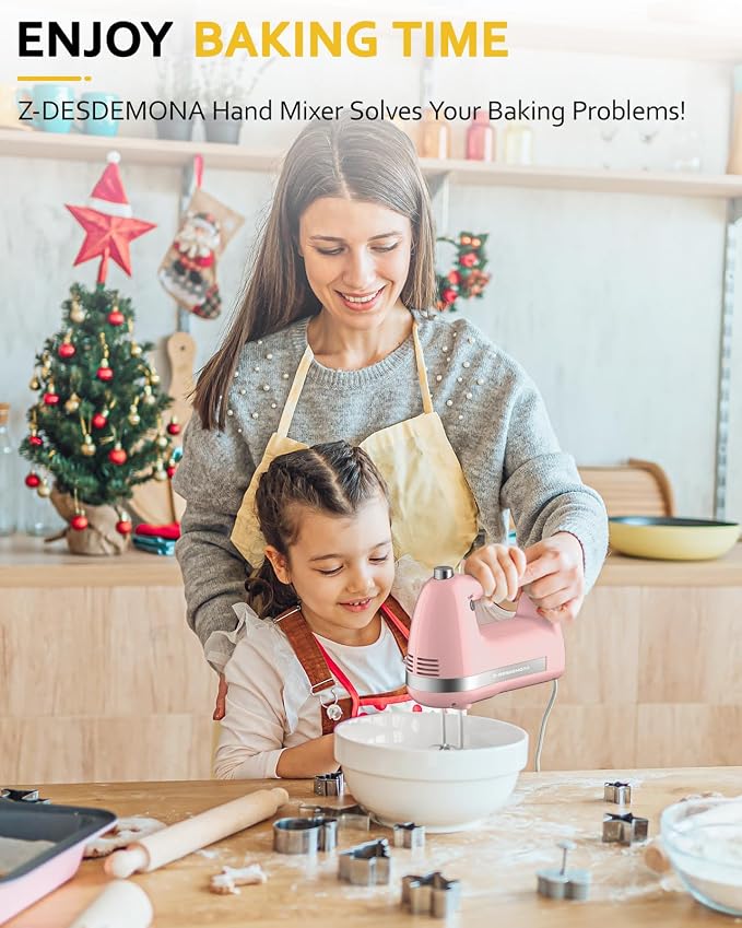 Electric Hand Mixer, Powerful Hand Mixer Electric Handheld with 304*(2*Beaters, 2*Dough Hooks),(1*Storage Bag) Hand Held Mixer with Turbo for Baking Cakes,Cream(Pink)