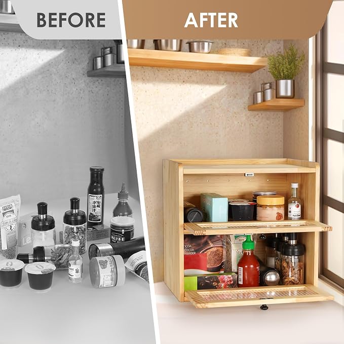 Sunhoo Bread Box for Kitchen Countertop Wooden Bread Storage Container Bin 2 Layer Breadbox Holder Large Capacity Keeper Vintage Farmhouse Food Organizer Pantry Shelf Acrylic Window（Wood color）