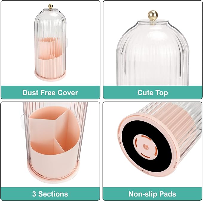 QIYVLOS Toothbrush Holders with Sliding Lid, Rotating 3 Slots Bathroom Organizer Countertop, Tooth Brush Toothpaste Holder Bathroom Counter Stand Sink Organizer Caddy for Makeup Brushes Holder (Pink)