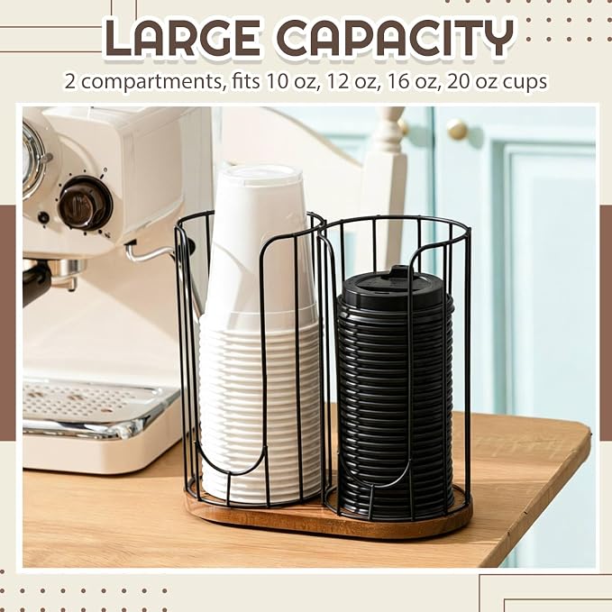 18oz Adjustable Coffee Cup Dispenser with Wooden Base, Cup and Lid Holder, Cups Holder Organizer for Coffee Pod Straw and Lid Storage(2-Compartment Single,Color 1)