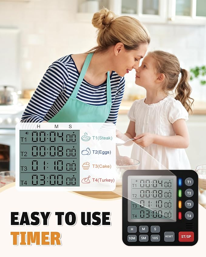 TPNEG Digital Kitchen Timer - 4-Channel Cooking Timer with Alarm, Magnetic Back, Loud & Silent Modes, Count Up/Down, Ideal for ovens, Seniors, Kids and classrooms, Replaceable AAA Battery