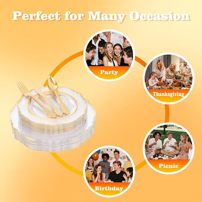YOUBET 125PCS Clear Gold Plastic Plates for Thanksgiving Party Wedding | 25 Guests Baroque Gold Plastic Dinnerware Includes 25 Dinner Plates, 25 Dessert Plate, 75 Silverware