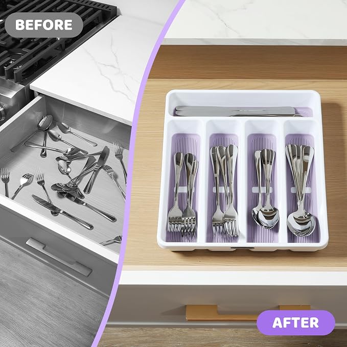 5-Compartment Silverware Organizer Tray with Icons for Kitchen Drawer | Non-slip TPR Linings，5-Compartment，High-quality Plastic，Fits Well In Standard Drawers，With Cutlery Icons