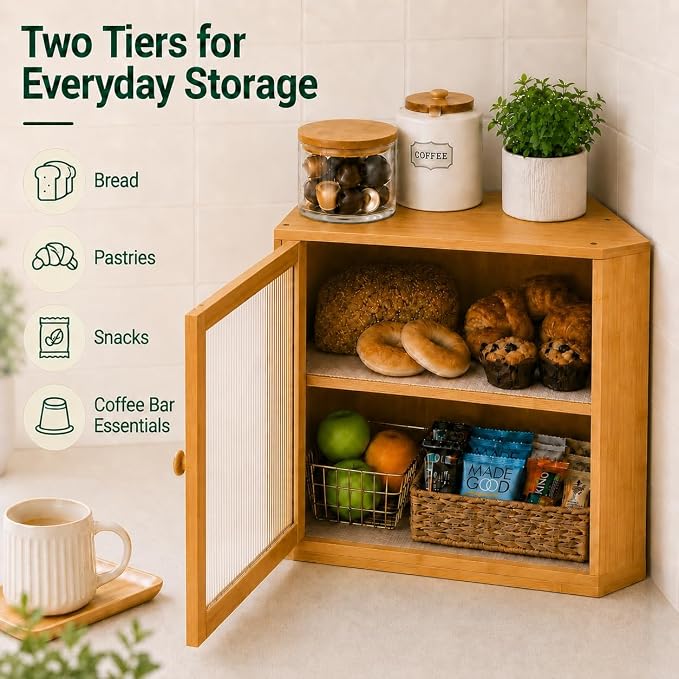 BAMBANG Corner Bread Box for Kitchen Countertop, Large Capacity Bamboo Wood Bread Storage Container, 2 Tier Farmhouse Breadbox with Fluted Acrylic Door for Bread, Homemade Bread and Snacks, Natural