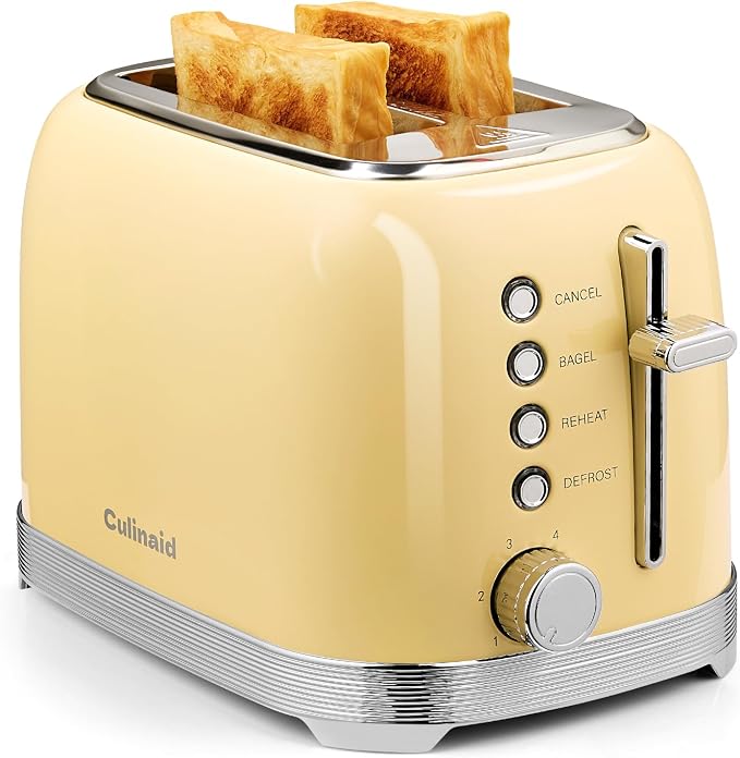 Toaster 2 Slice Retro Stainless Steel, Yellow | 1.5” Extra Wide Slots with Bagel, Defrost, Reheat, Cancel Functions, 6 Bread Shade Settings, Removable Crumb Tray