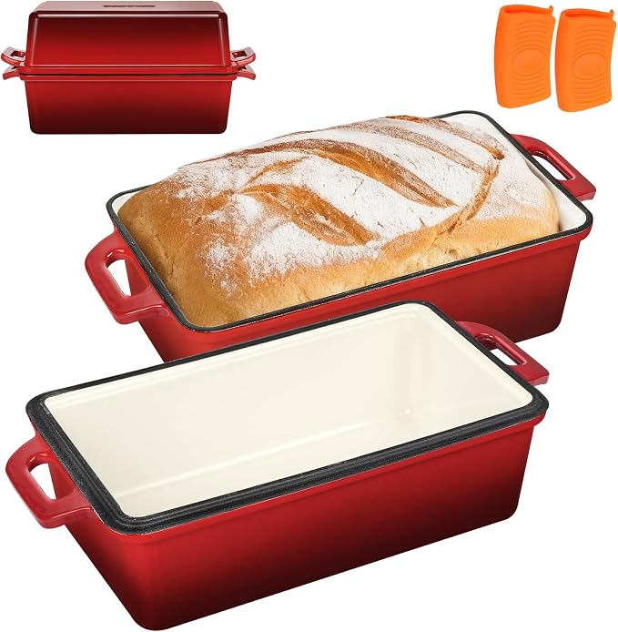Wildone 2 in 1 Enameled Cast Iron Bread Pan with Lid, 9x5 Loaf Pans for Homemade Sourdough Bread, Cake, Meatloaf, Even Heating Bread Dutch Oven, Red