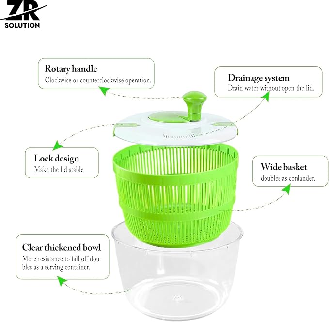 Large Salad Spinner 5 Quart, Manual Lettuce Dryer and Vegetable Washer with Easy Spin Handle, Removable Basket, Drain Bowl and Non-Slip Base for Salad, Greens, Fruits and Kitchen Prep
