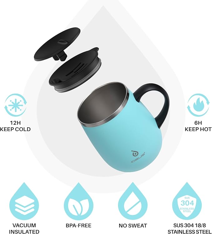 Ideus 16 oz (470 ml) Insulated Coffee Mug with Handle and Lid, Double Wall Stainless Steel Vacuum Thermal Coffee Mug, Travel Coffee Cup Thermal Cup for Home and Office (Sky Blue)