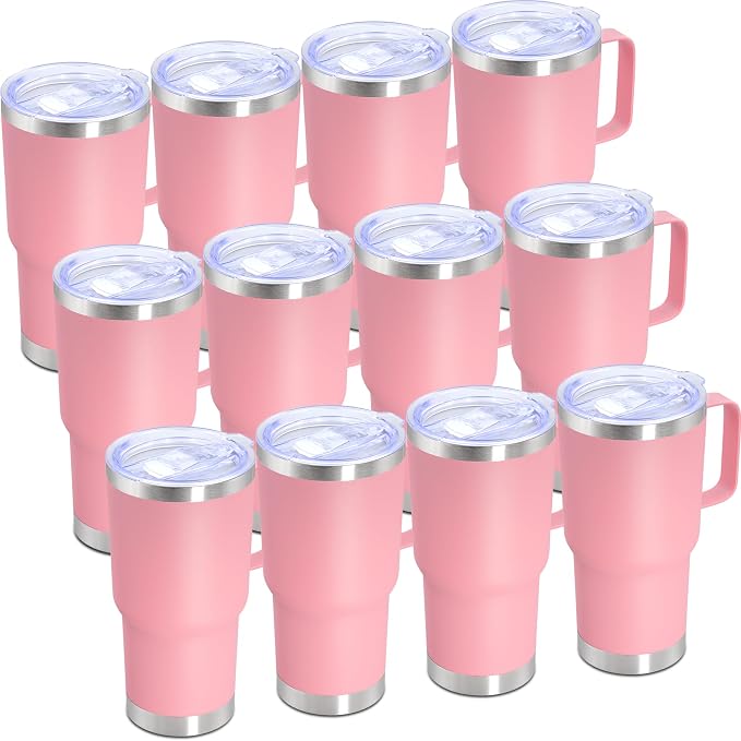 20 oz Tumbler with Handle Coffee Tumblers with Lid Travel Mug Pink 12P | 20oz Tumblers with Handle Double-Wall Insulated Vacuum Coffee Mugs Stainless Steel Tumbler with Handles&Lid Pink 12P