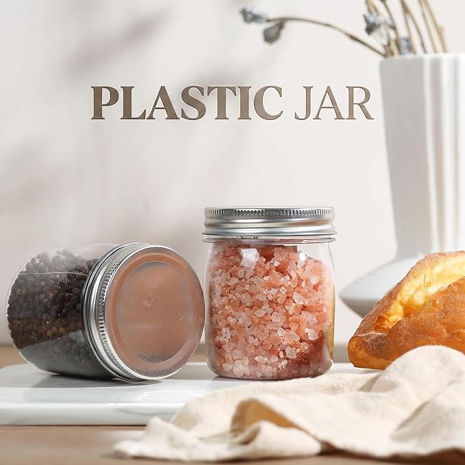 novelinks 8 oz Plastic Mason Jars and Clear Plastic Jars with Lids 8 oz | 16 Pack, Silver, Plastic Containers with Lids, Small Mason Jars, Clear Jars Bulk, Spice Jars, Slime Jars, Mini Jars
