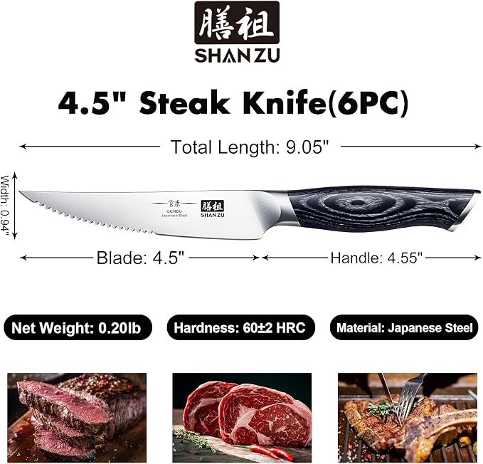 SHAN ZU 6 Pc Steak Knife Set, 4.5 In High Carbon Japanese Super Steel | Ultra Sharp Kitchen Steak Knife with K133 Ergonomic Handle, Black Tortoise Genbu Series