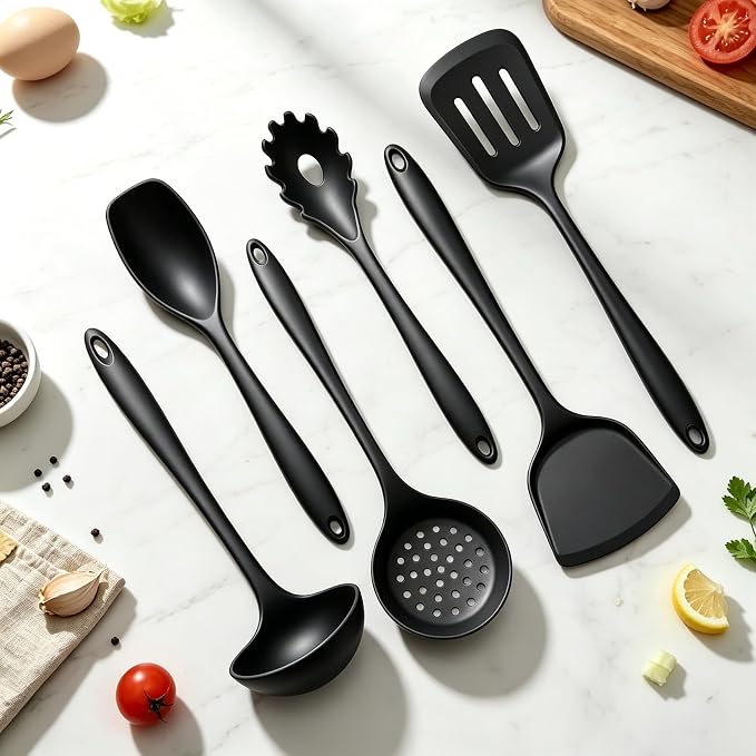 Thickened Silicone Kitchen Utensils Set, Upgrade 6 PCS Nonstick Cooking Utensils Set, Heat Resistant and BPA Free Silicone Utensil Spatula Set for Cooking with Turners, Spoon, Skimmer and Ladle(Black)
