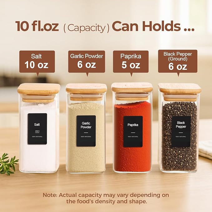 ComSaf Glass Spice Jars with Labels 10 oz 16 Pack Large Square Bamboo Lids | Empty Containers, Seasoning Herbs Powders, Salt Pepper Chili, Spice Rack Organization, Kitchen Cabinet Storage, Dry Goods