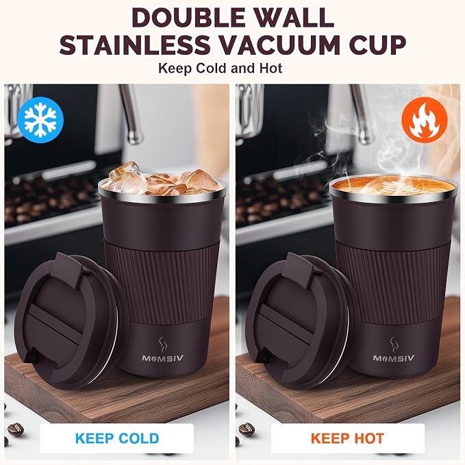 MOMSIV 12oz Travel Coffee Mug, Insulated Coffee Cups with Leakproof Lid | 6-Hour Heat Retention, 360°Leak proof, Vacuum Stainless Steel Double Walled, BPA-free, Reusable And To Go Coffee Mug