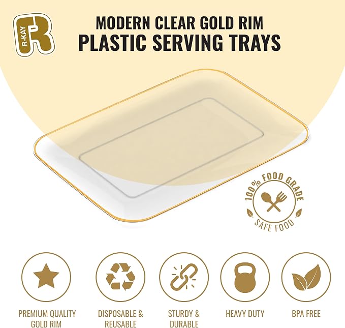 3 Pack Plastic Serving Trays for Party - Gold Serving Tray 8 x 11 Inch - Heavy Duty Dessert Trays for Food - Rectangular Party Serving Trays for Entertaining - Clear Cookie Platters