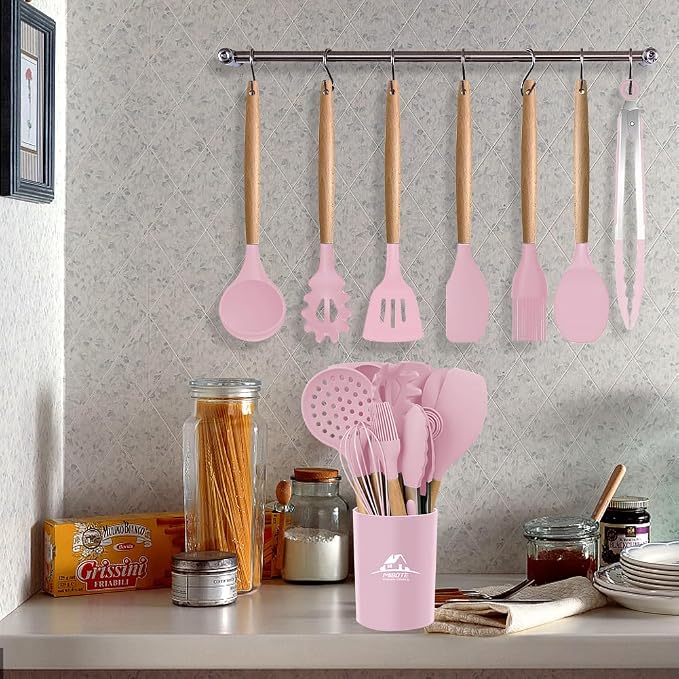MIBOTE Silicone Cooking Kitchen Utensils Set, Wooden Handle, Pinky | BPA-Free, Non-Toxic Silicone Turner, Tongs, Spatula, Spoon Set – Great for Nonstick Cookware, Heat-Resistant, Easy Clean