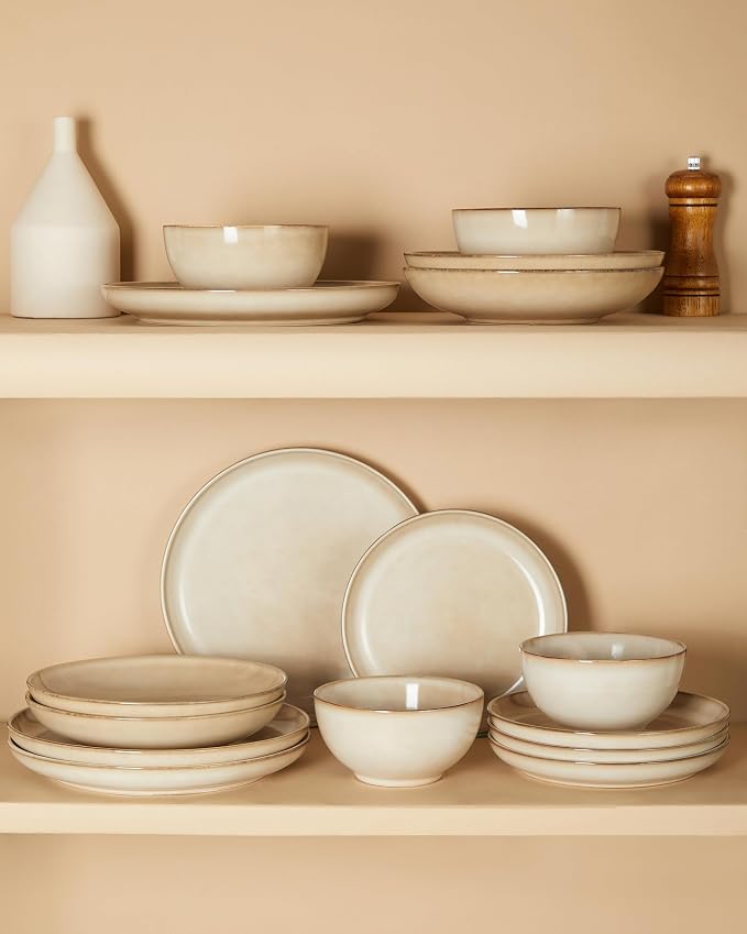 Stoneware Dinnerware Sets Service for 4, 12 pcs Reactive Glaze Plates and Bowls Sets, Handmade Ceramic Dish Set, Highly Chip and Crack Resistant Modern Plate Set, Mocha Beige