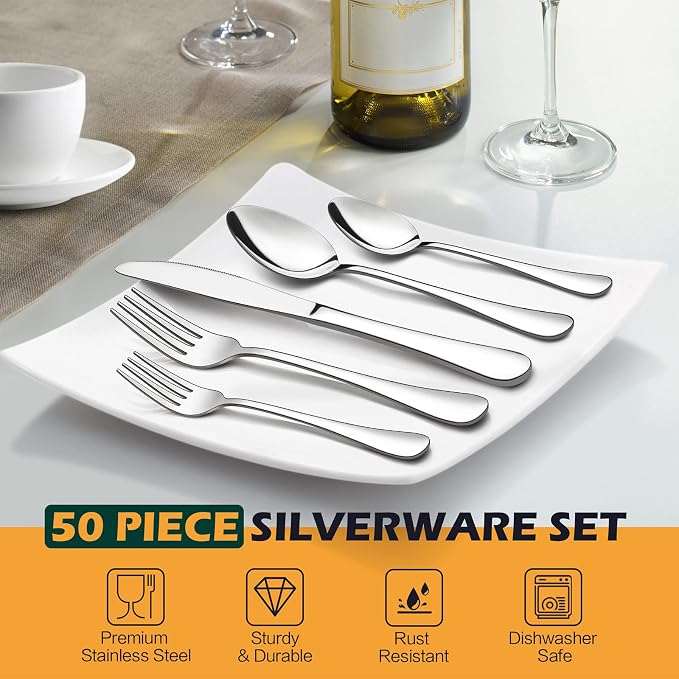 LIANYU 50 PCS Silverware Set for 10, Stainless Steel Cutlery Set | Flatware Includes Fork Spoon and Knife, Kitchen Restaurant Tableware, Mirror Finished, Dishwasher Safe