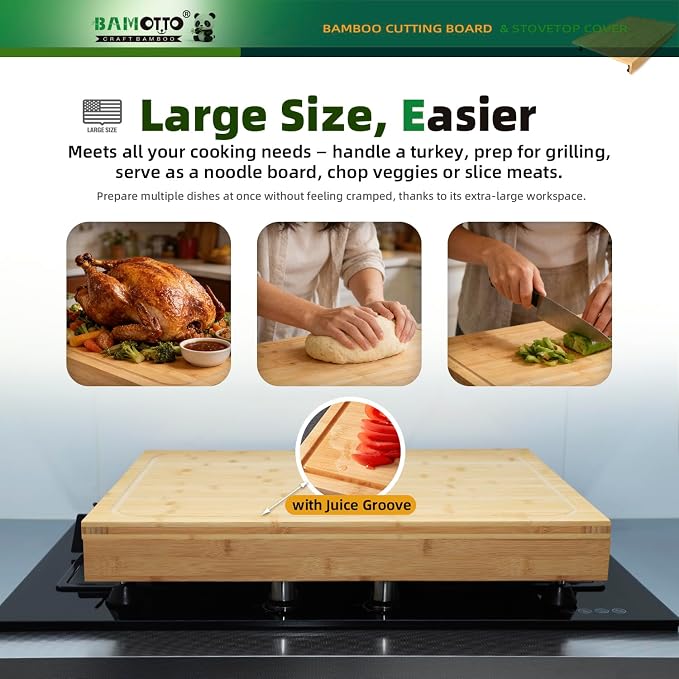 BAMOTTO CRAFTBAMBOO 24 x 18 Inch Extra Large Bamboo Cutting Board — Stovetop Cover, Over the Sink Board, Noodle Board, Butcher Block with Detachable Legs & Non-Slip Lip, Juice Groove