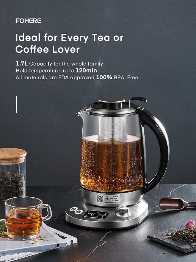 Electric Tea Kettle, 9 Temperature Control Presets Glass Kettle, 1200W Tea Pot with Removable Infuser, 2 Hours Keep Warm, 1.7 Liter Electric Kettles, Borosilicate Glass & Stainless Steel