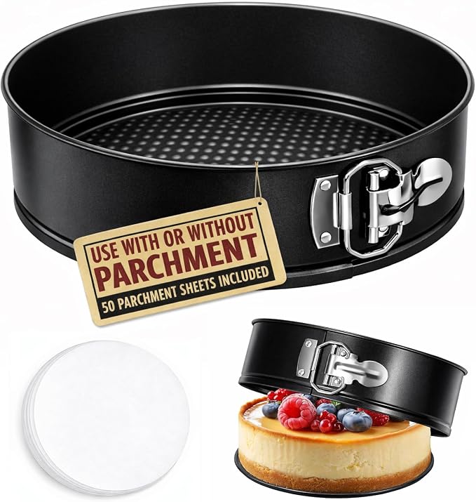 9 Inch Springform Pan 50Pcs Parchment Paper Cheesecake Nonstick Baking Mold | Round Tin Leakproof Removable Bottom Bakeware for Cake Pie Pizza and Quiches Carbon Steel and Non-stick Coating