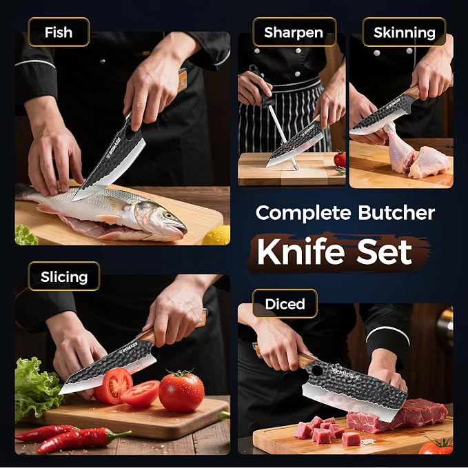 5PCS Butcher Knife Set, Hand Forged Kitchen Chef Knife Set Gift | Meat Cleaver Knife Viking Boning Knife for Home, Outdoor Camping, BBQ, High Carbon Steel Japanese Knives, Gift for Men Father