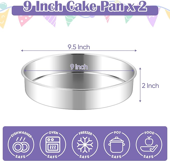 E-far 9 Inch Round Cake Pan, 2-Piece Stainless Steel Round Baking Mold Tins | Non-Toxic & Leak-Proof for Birthday Wedding Layer Tiered Cake, Easy Clean & Dishwasher Safe