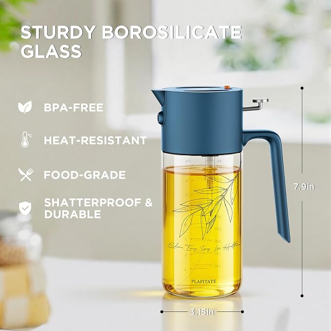 PLAPITATE 2Pcs 17oz Premium Olive Oil Sprayer for Cooking, 2 in 1 Glass Olive Oil Dispenser Bottle for Kitchen Gadgets, Spray Bottle with Portion Control for Salad, Frying, BBQ (Black & Blue)
