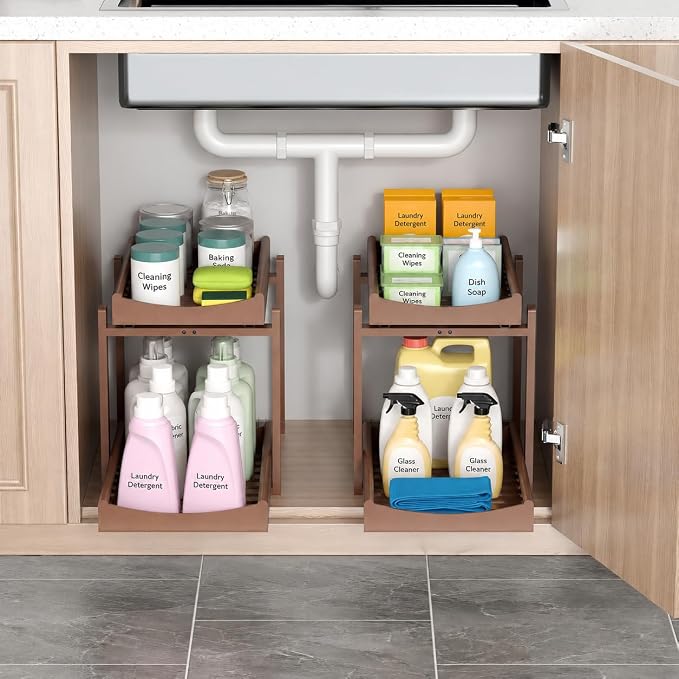 MHXW SXPN Bamboo Under Sink Organizer, 2 Pack Pull Out Cabinet Organizer | 2 Tier Vertical Smooth Slide Out Undersink Storage Shelf | Multi-Purpose Organizer Shelves for Kitchen Bathroom Medicine