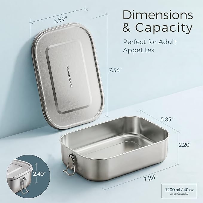 G.a HOMEFAVOR Stainless Steel Bento Lunch Box, 1200 ml/40 oz | Leak-Proof, Dishwasher Safe, BPA-Free, with Lock Clips, Meal Prep, Large Food Container, for Adults