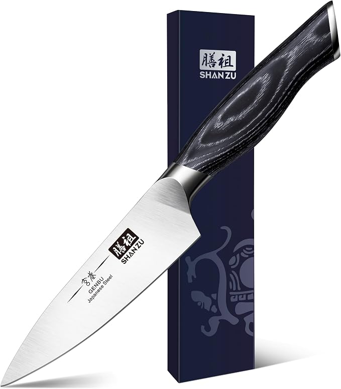 SHAN ZU 3.75 Inch Paring Knife, Japanese Super Steel Professional Fruit Knife, Ultra Sharp Carving Knife with K133 Ergonomic Handle, Black Tortoise Genbu Series