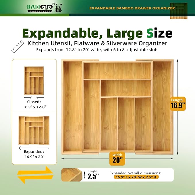 BAMOTTO CRAFTBAMBOO Expandable Bamboo Drawer Organizer for Kitchen, 8 Slot | Silverware & Cutlery Tray | Utensil Holder | 12.8"–20" Adjustable | Office & Bathroom | Flatware Organizer