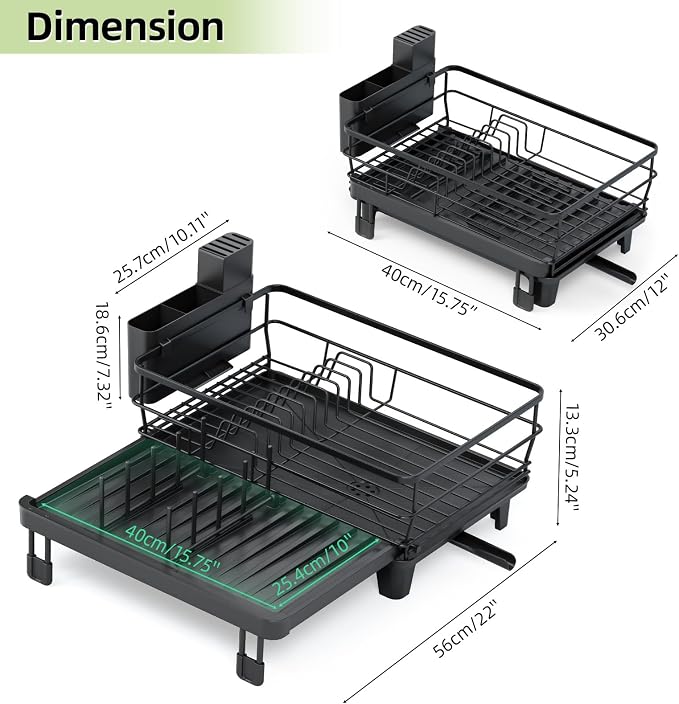 TOOLF Expandable Dish Drying Rack for Kitchen Counter, Black | Extendable 12"-22"W, Fast Draining, Large Capacity, Fits Large Plates, Utensil Holder, 3-4 People Family