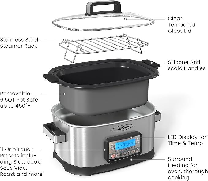 Sunvivi 12-in-1 Programmable Slow Cooker 6.5QT with Timer & Keep Warm | Multicooker with Timer & Temp Control, Dishwasher Safe Lid & Removable Nonstick Crock and Rack, Stainless Steel